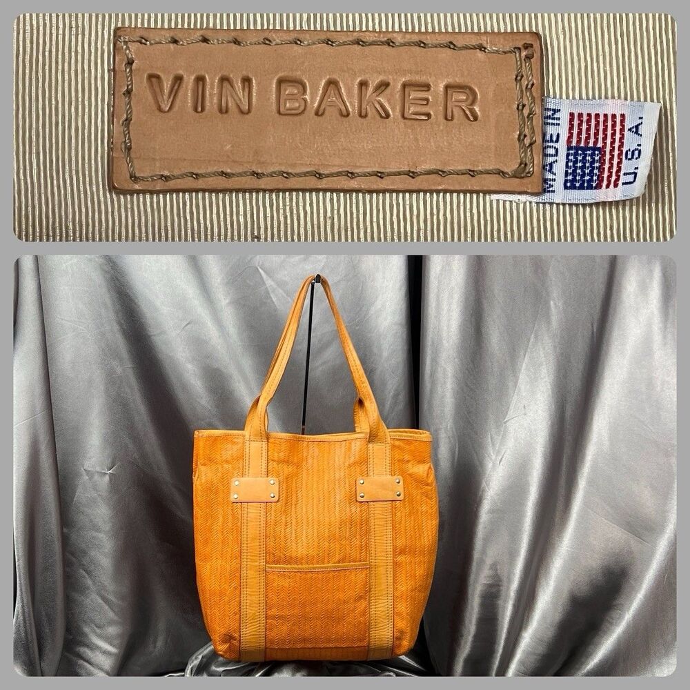 Vin Baker 15" Woven Leather Tote Handbag Two Tone Orange Tan Handmade USA Gifts